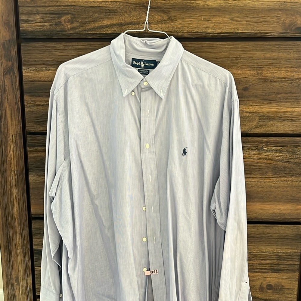 Men’s long sleeve, blue and white stripe button-down shirt